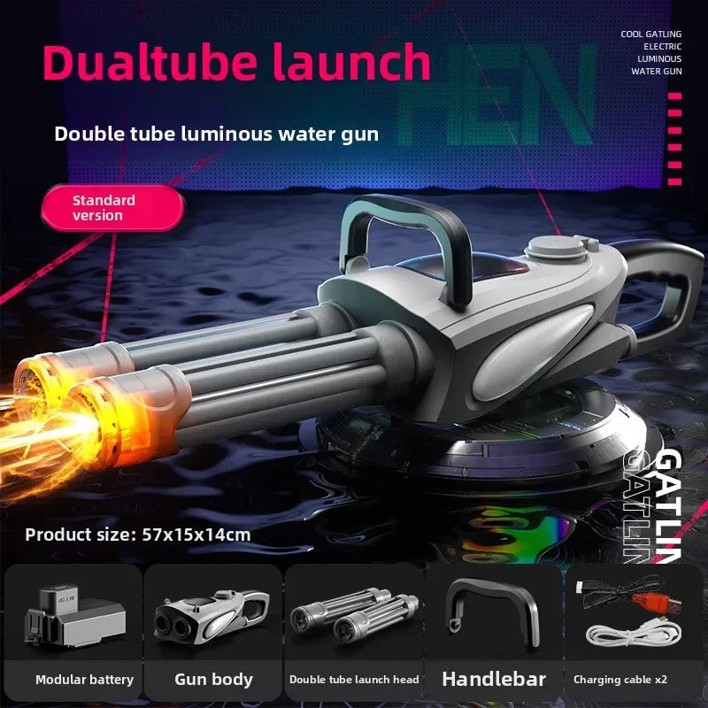 Electric Gatling Water Gun Toy with Rotating Gun Barrel Lights Big Capacity Water Pistol Spray Blaster Pool Toys for Kids Adult
